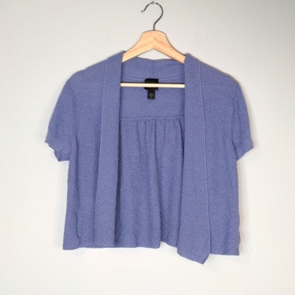 Eileen Fisher 100% Wool Periwinkle Purple Open Cardigan Short Sleeve Knit Size M - Picture 10 of 15